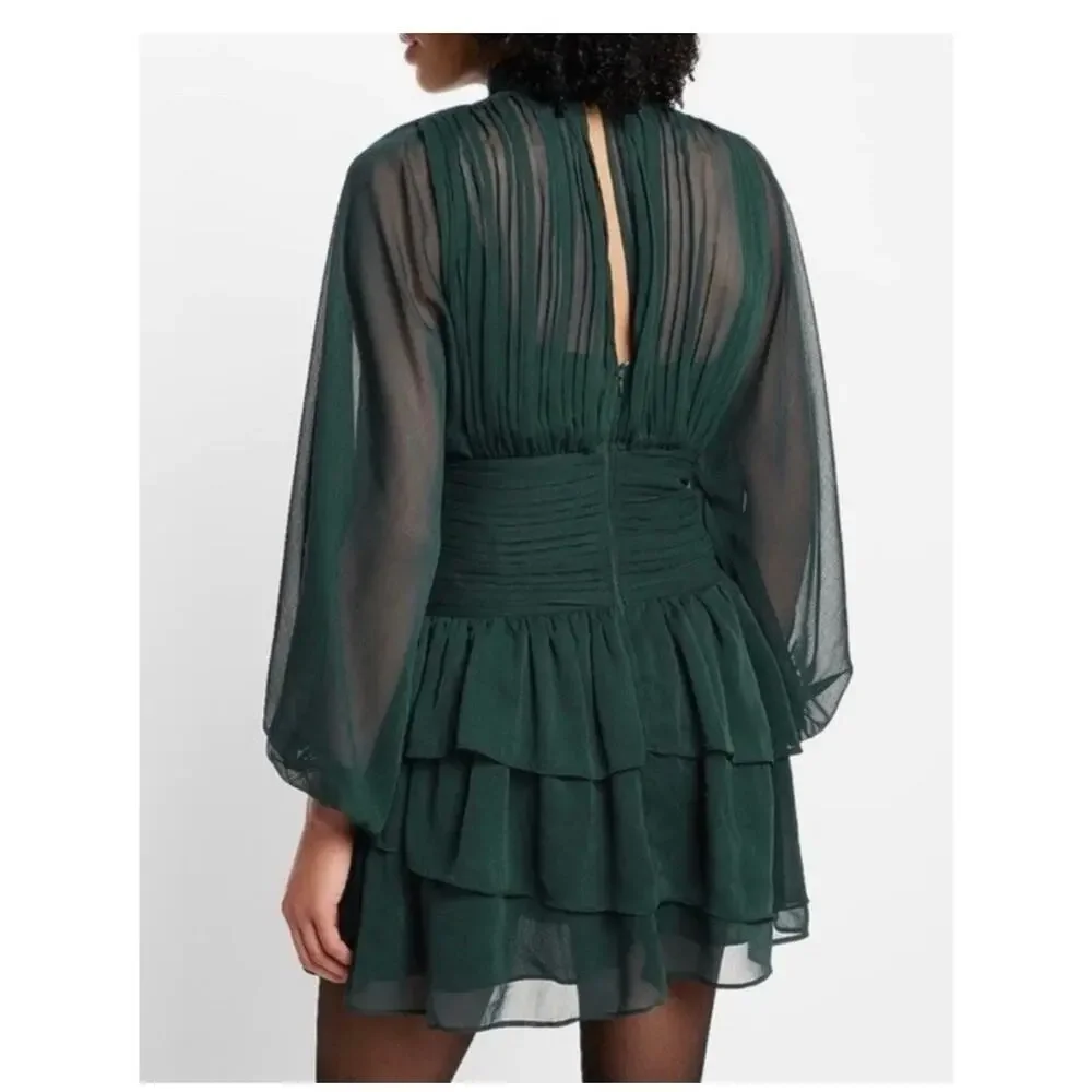 Express Dark Green Long-Sleeve Tiered Midi Dress - Picture 4 of 8